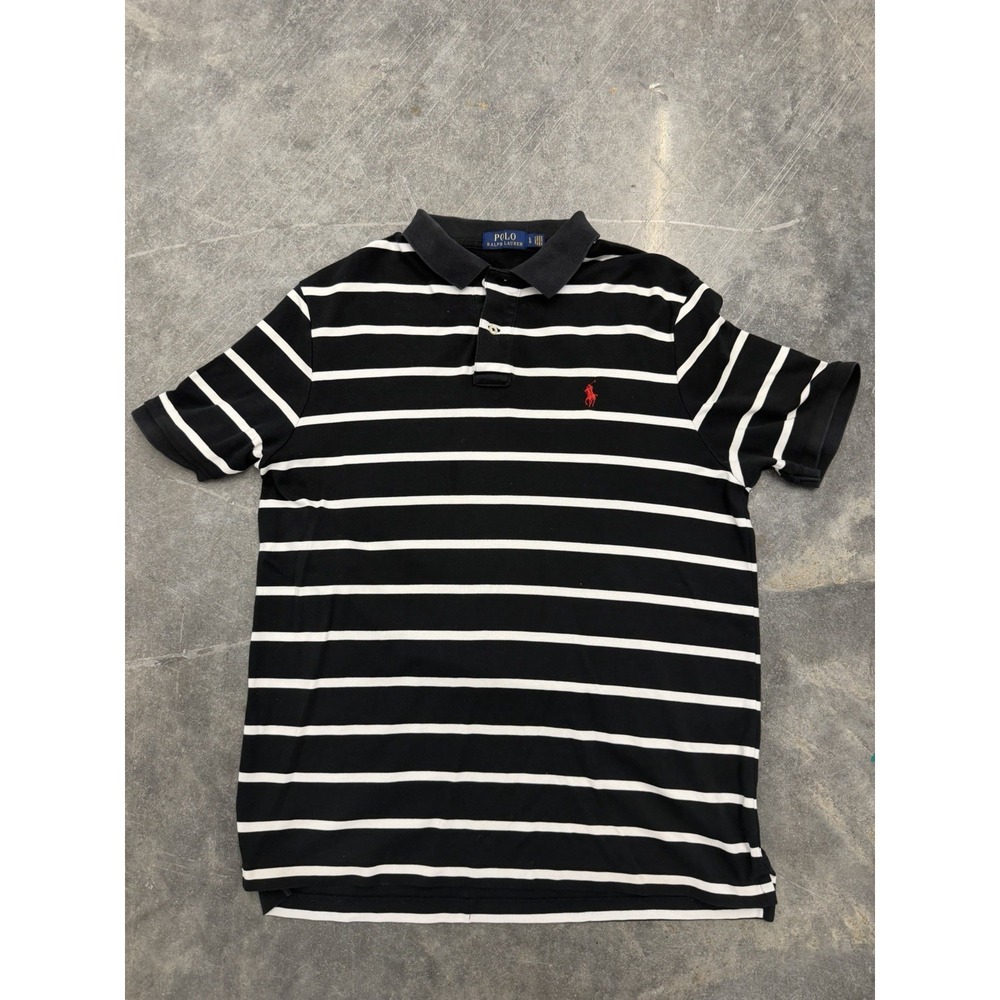 Polo Ralph Lauren Shirt Mens Large Black White Striped Pony Rugby Preppy Retro